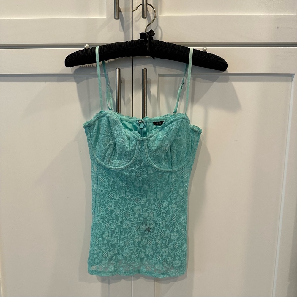 Victorias Secret Vintage Madison Beer lace cami corset top turquoise 34D XS-M - Picture 2 of 4